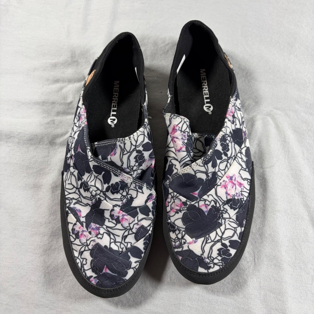 Merrell Floral Slip On Shoes Womens 7.5 Black Pink White Textile Flats‎ J93890